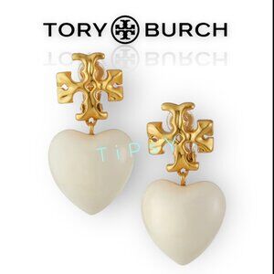 Beautiful Tory Burch White and Gold Roxanne Heart Drop Earrings